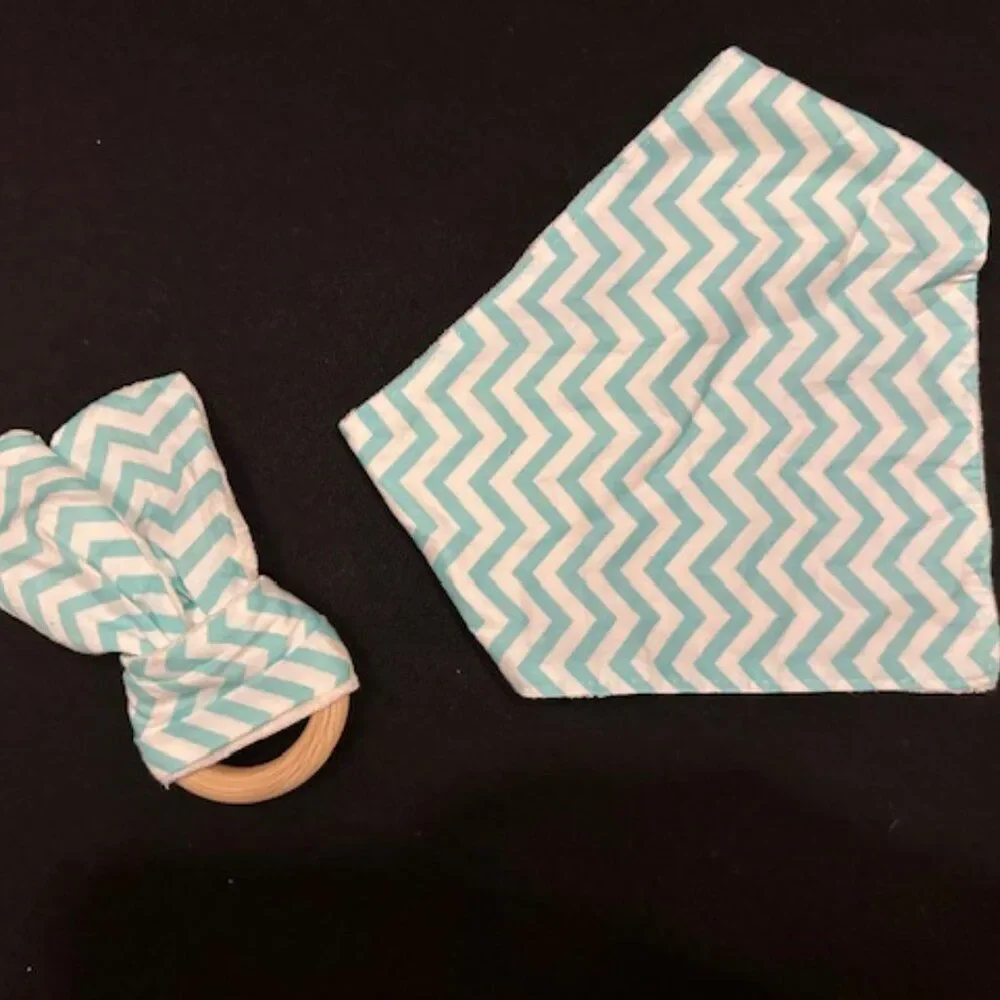 Aqua Chevron Bandana Bib & Teething Ring Set 7388 Handmade NWT Boutique